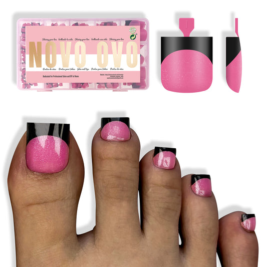 Sharp Square Toe Nail Tips Black French Tip Rose Pink