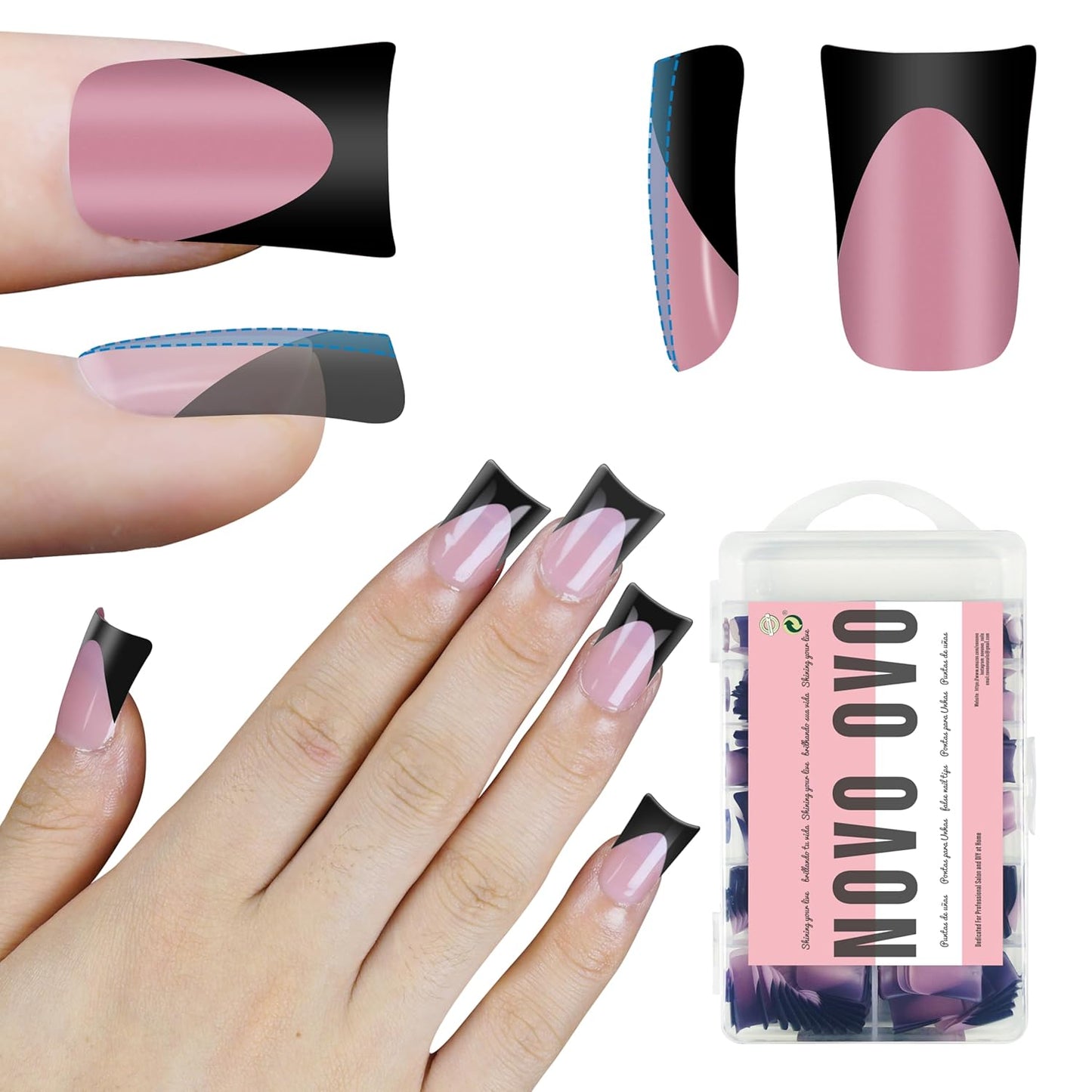 Duck Nails Black French Tip Berry Pink 12 Sizes 240 Pcs
