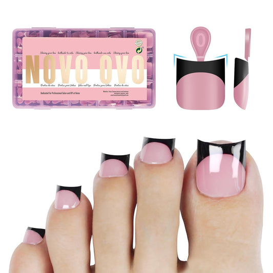 Halloween Black Short Sharp Square Toe Nail Tips with Moon Curve Black French Tip Berry Pink