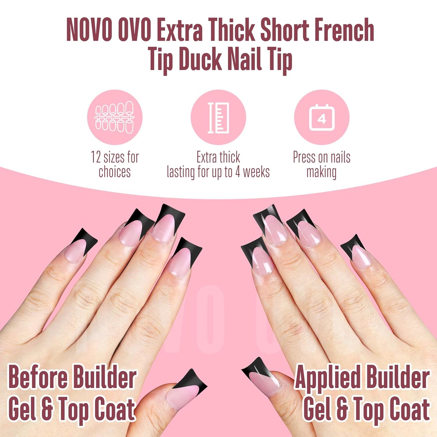 Duck Nails Black French Tip Berry Pink 12 Sizes 240 Pcs