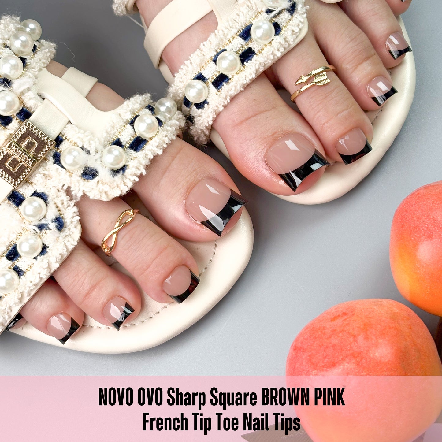 Sharp Square Toe Nail Tips Black French Tip Brown Pink