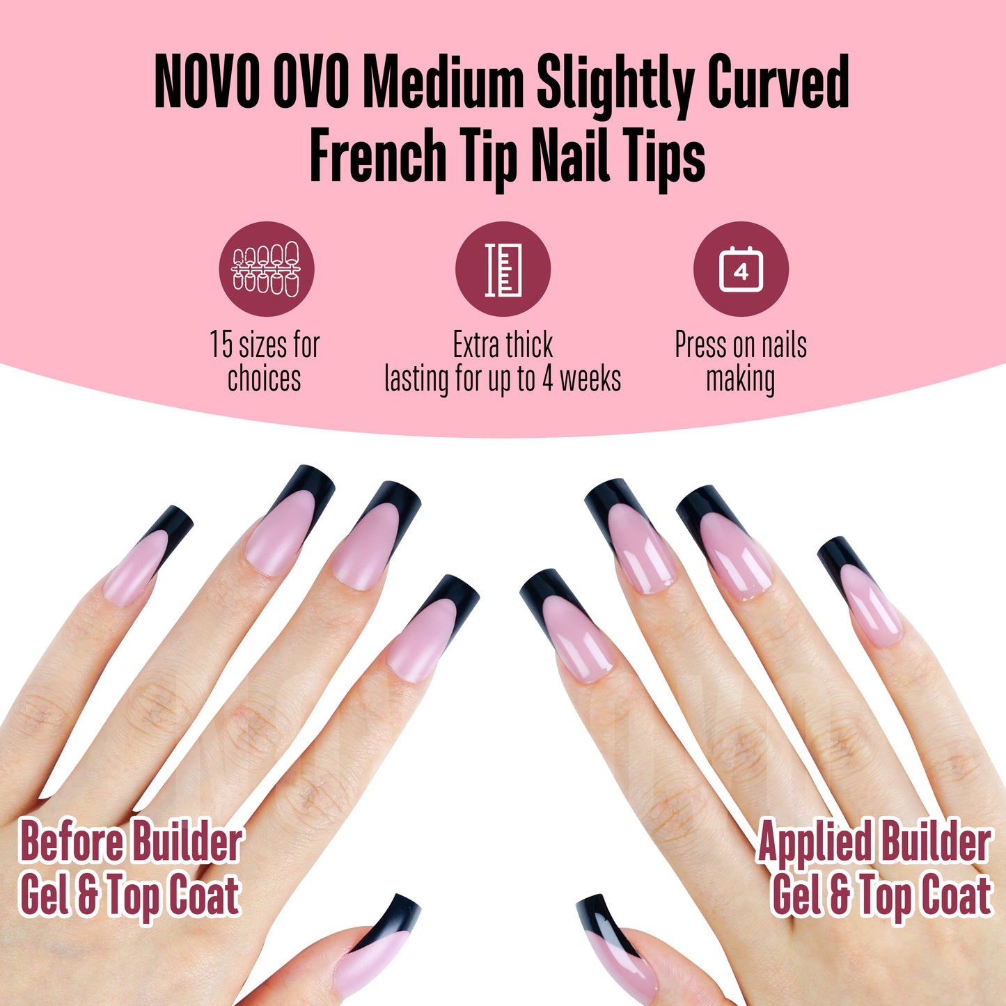 Halloween Black M Curved Square Nail Tip Black French Tips Berry Pink