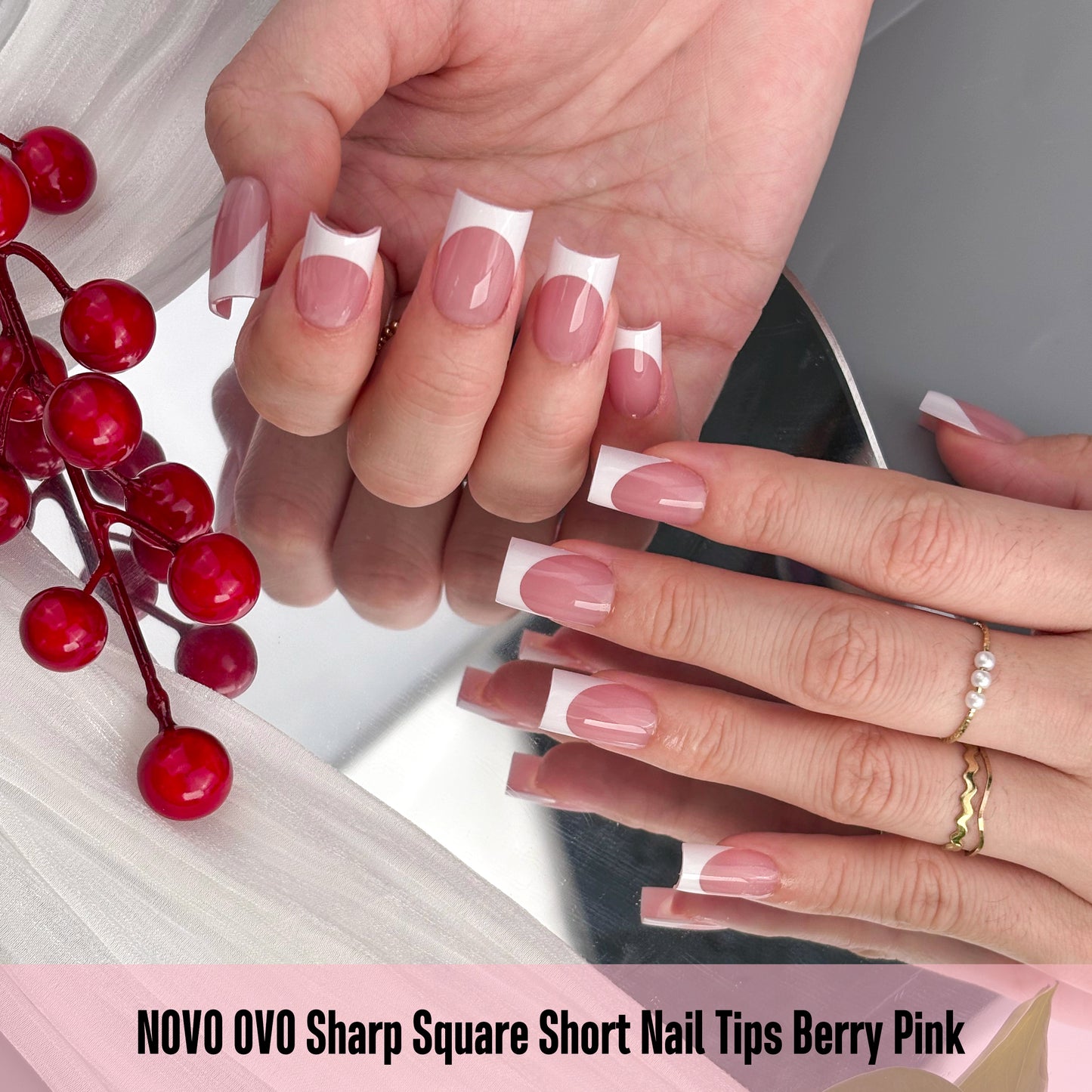 Short Sharp Square Nail Tips White French Tip BERRY PINK