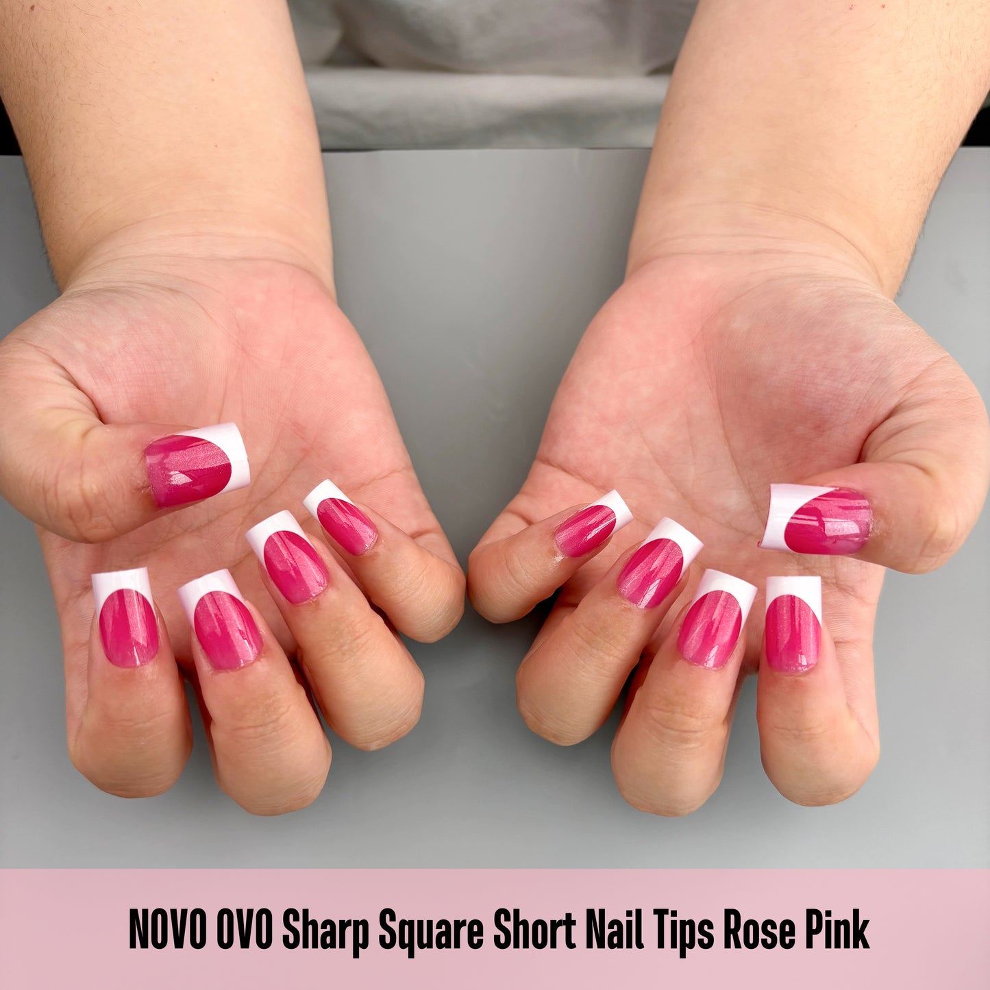 Short Sharp Square Nail Tips White French Tip Rose Pink