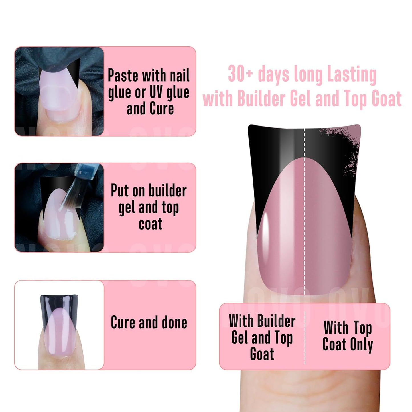 Duck Nails Black French Tip Berry Pink 12 Sizes 240 Pcs
