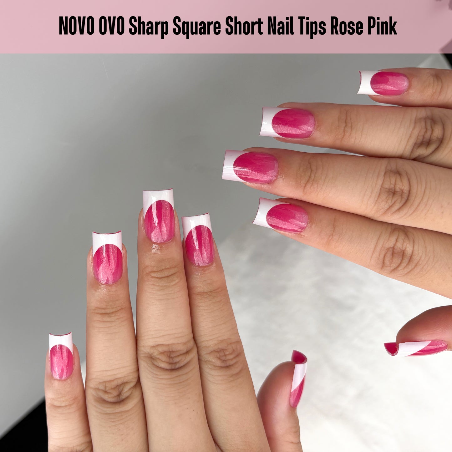 Short Sharp Square Nail Tips White French Tip Rose Pink