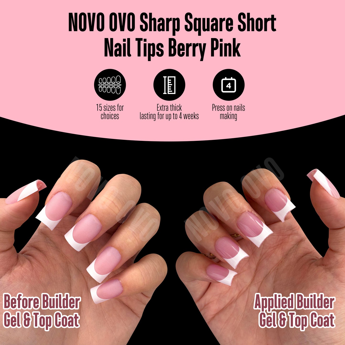 Short Sharp Square Nail Tips White French Tip BERRY PINK