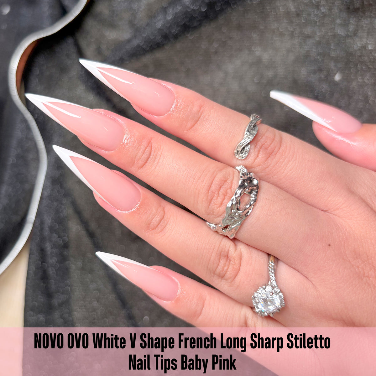 White V Shape French Long Sharp Stiletto Nail Tips Baby Pink