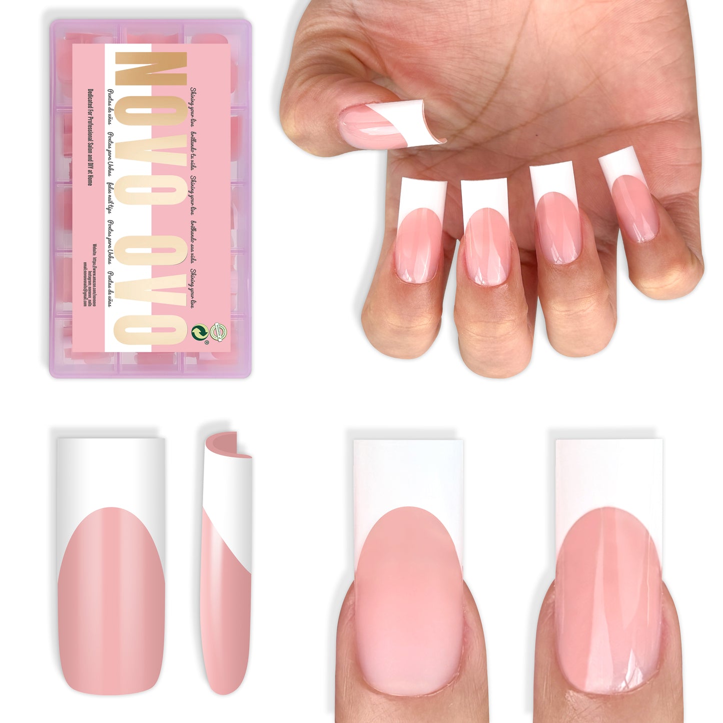 Medium Sharp Square White French Tip Nail Tips Baby Pink 180