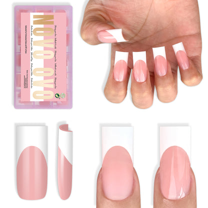 Medium Sharp Square White French Tip Nail Tips Baby Pink 180