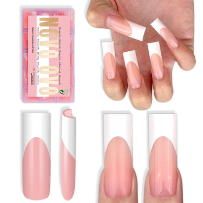 Long Sharp Square White French Tip Nail Tips Baby Pink 180