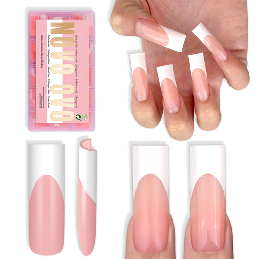 Long Sharp Square White French Tip Nail Tips Baby Pink 180