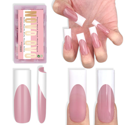 Long Sharp Square White French Tip Nail Tips Berry Pink 180