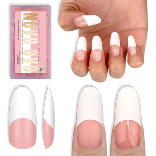 Medium Long Oval Round Old School White French Tip Baby Pink 240