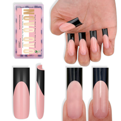 Long Sharp Square Black French Tip Nail Tips Baby Pink 180