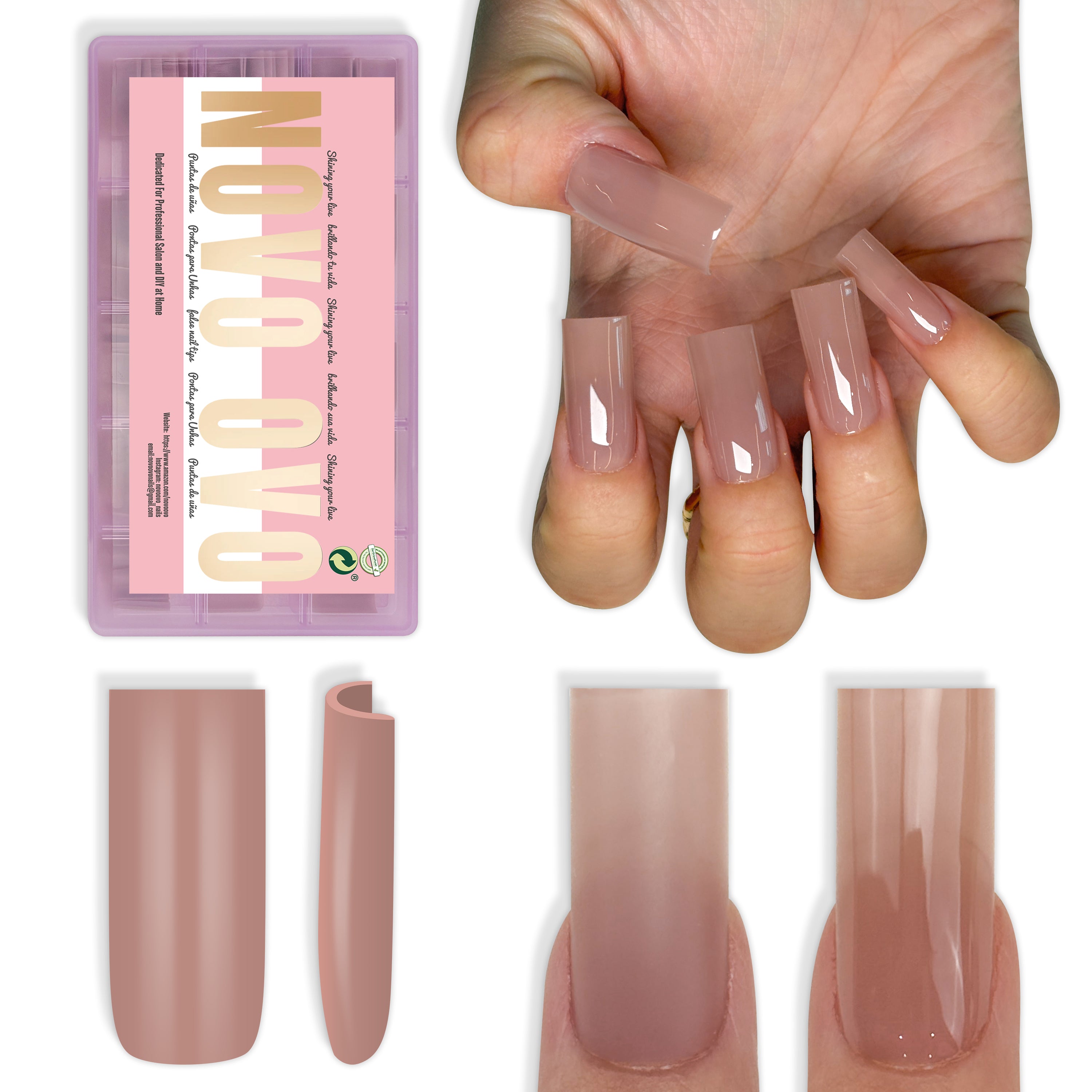 Medium Sharp Square Pure Color Naili Tips Brown Pink 180