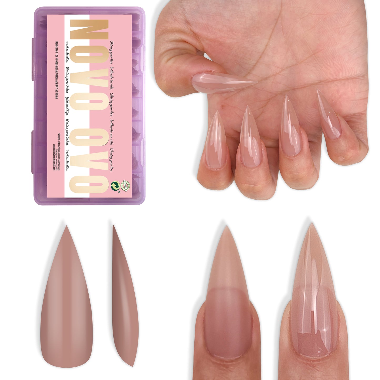 Medium or Long Pure Color Sharp Stiletto Nail Tips Brown Pink