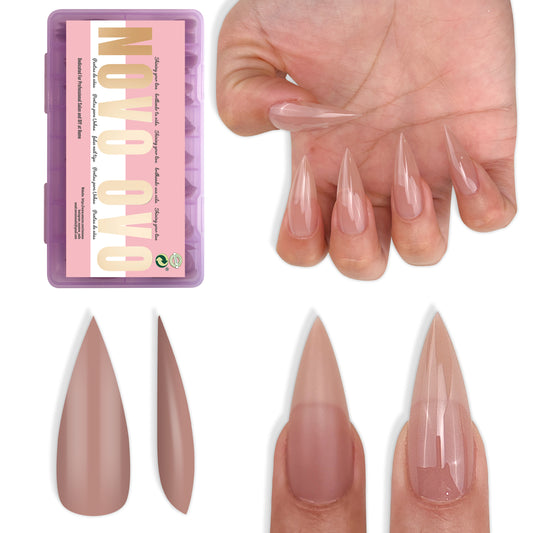 Medium or Long Pure Color Sharp Stiletto Nail Tips Brown Pink