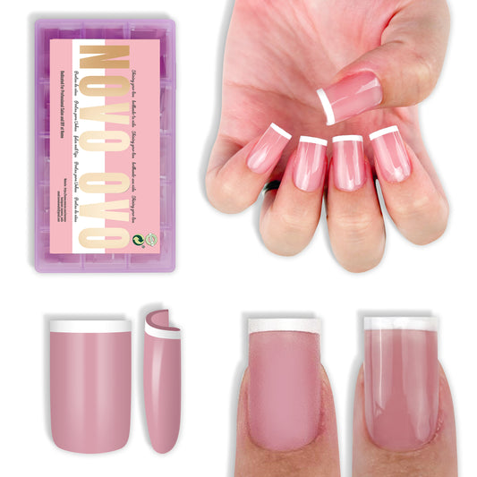 Short Sharp Square White Mirco French Tip Nail Tips Berry Pink 240