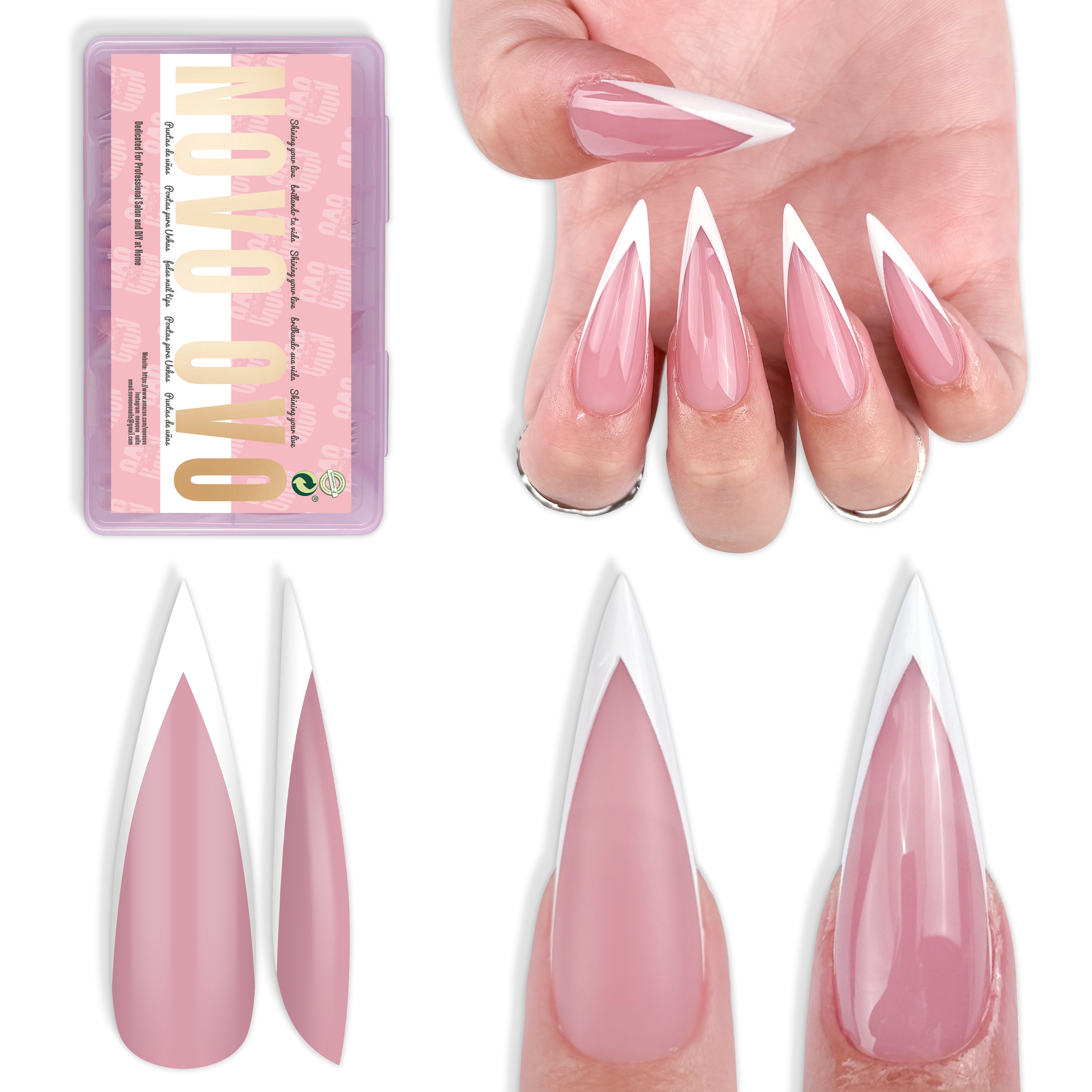 White V Shape French Long Sharp Stiletto Nail Tips Berry Pink