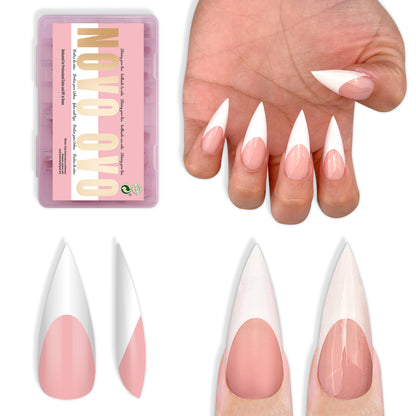 Medium or Long White French Tip Sharp Stiletto Nail Tips Baby Pink