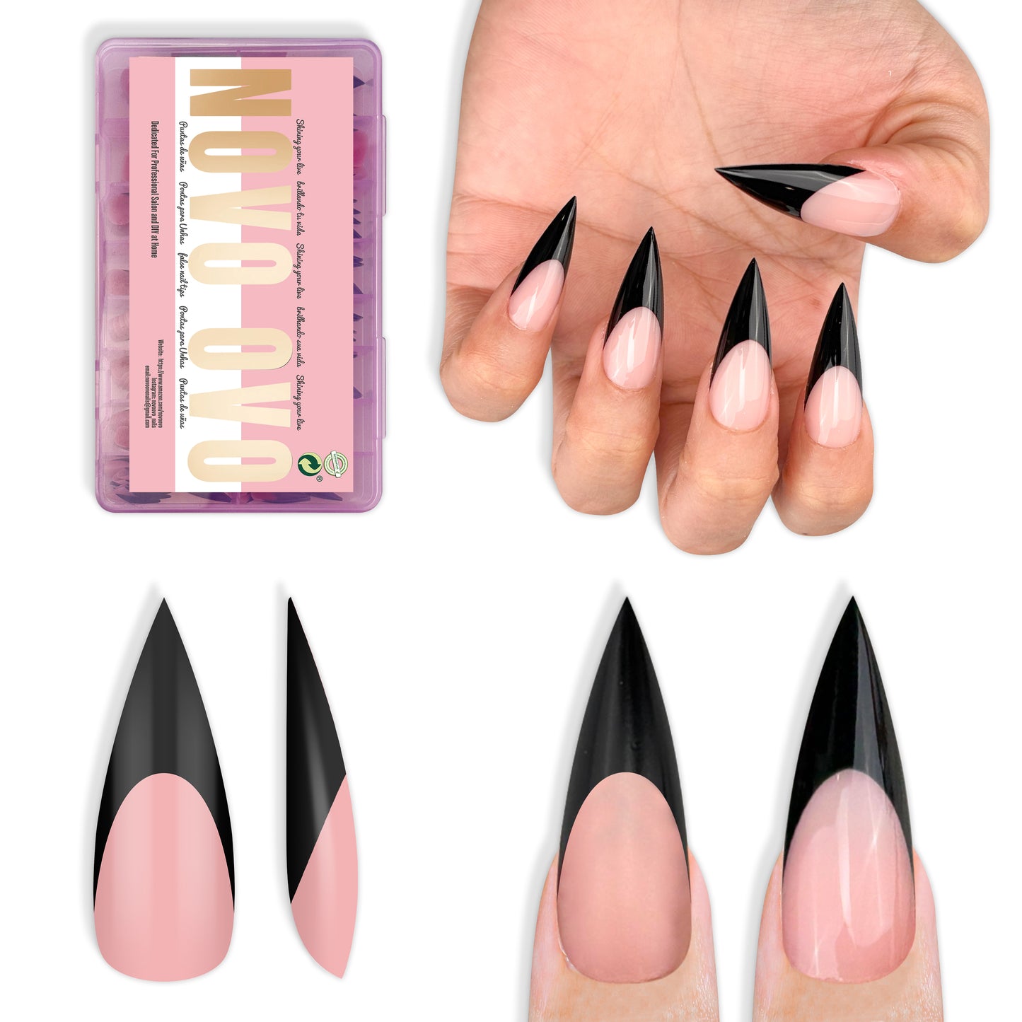 Medium or Long Black French Tip Sharp Stiletto Nail Tips Baby Pink