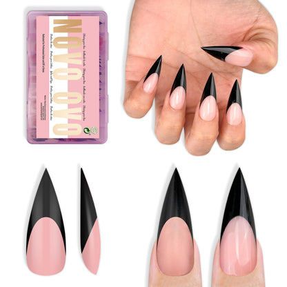Medium or Long Black French Tip Sharp Stiletto Nail Tips Baby Pink