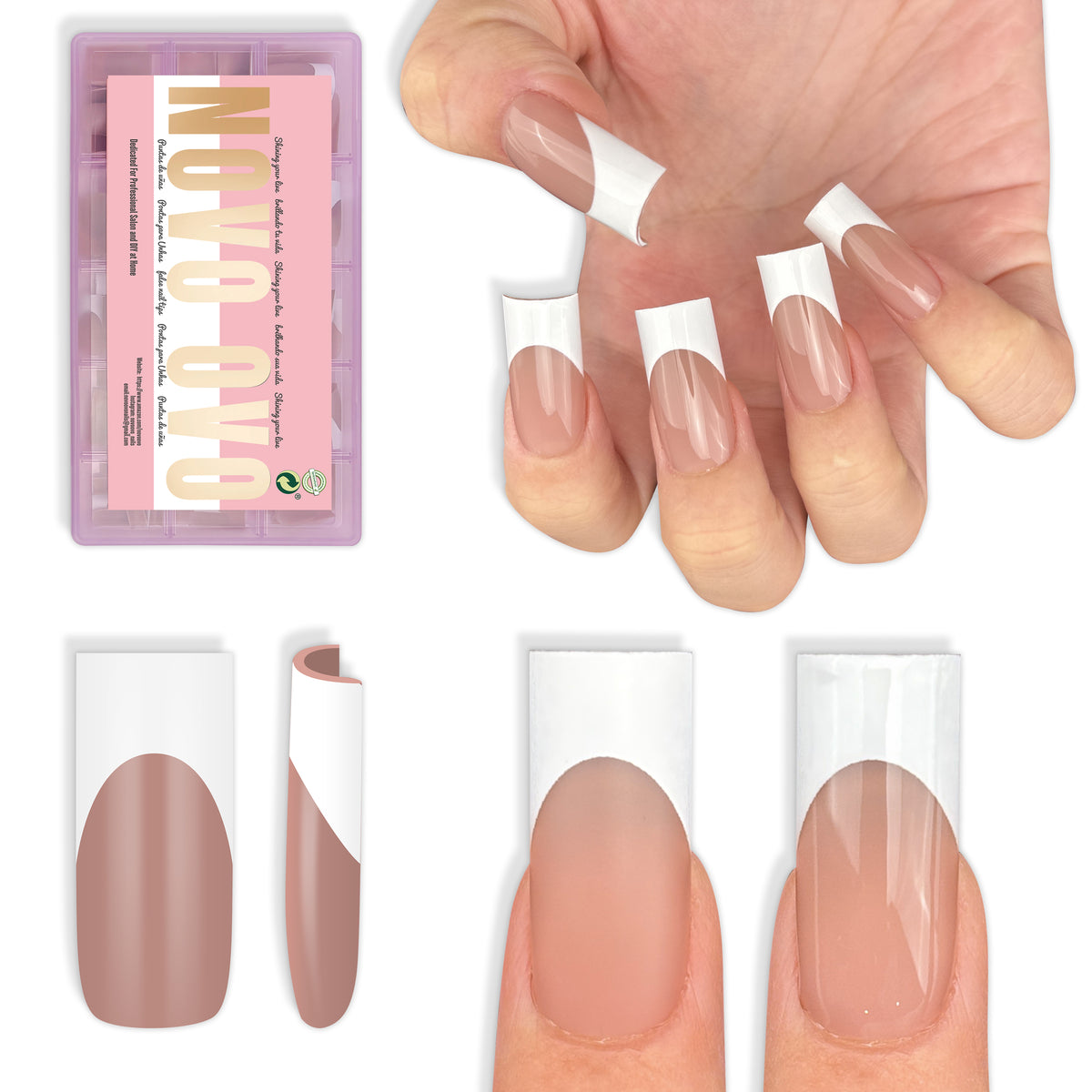 Medium Sharp Square White French Tip Nail Tips Brown Pink 180
