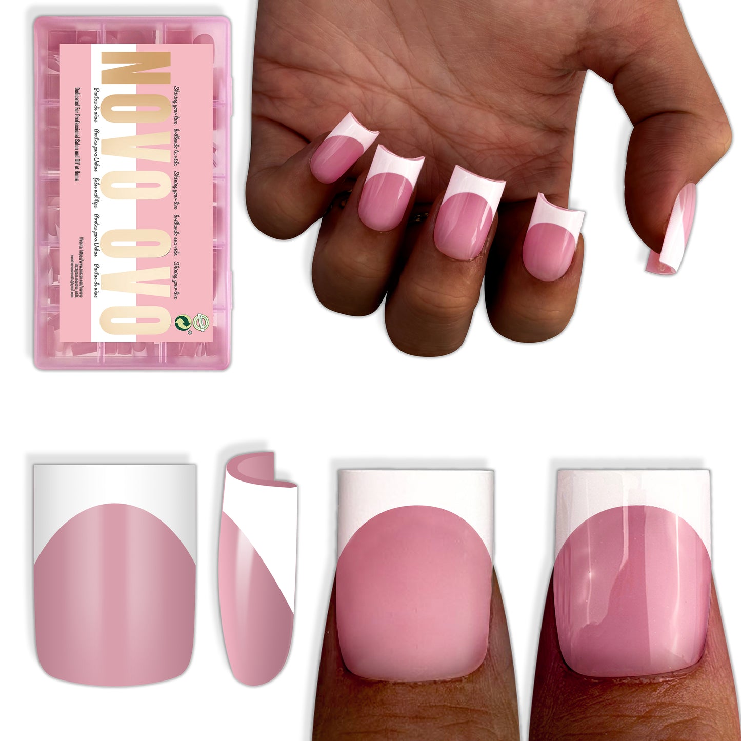 Short Sharp Square Nail Tips White French Tip BERRY PINK