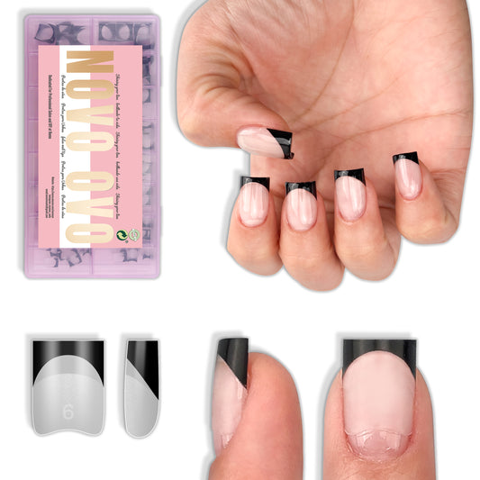 Half Cover Short Square Black French Tip Nail Tips 224