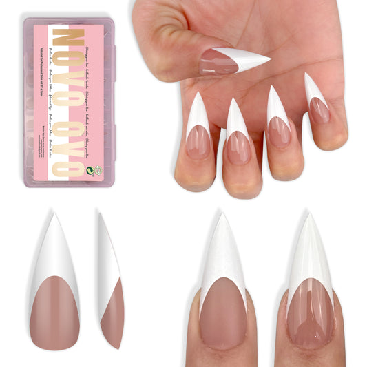 Medium or Long White French Tip Sharp Stiletto Nail Tips Brown Pink