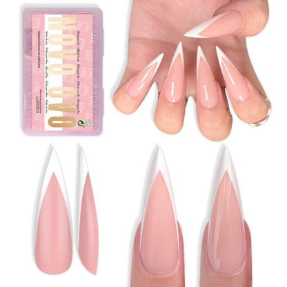 White V Shape French Long Sharp Stiletto Nail Tips Baby Pink