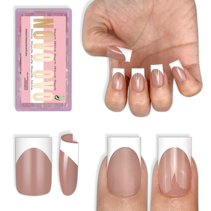 Short Sharp Square White French Tip Nail Tips Brown Pink 240