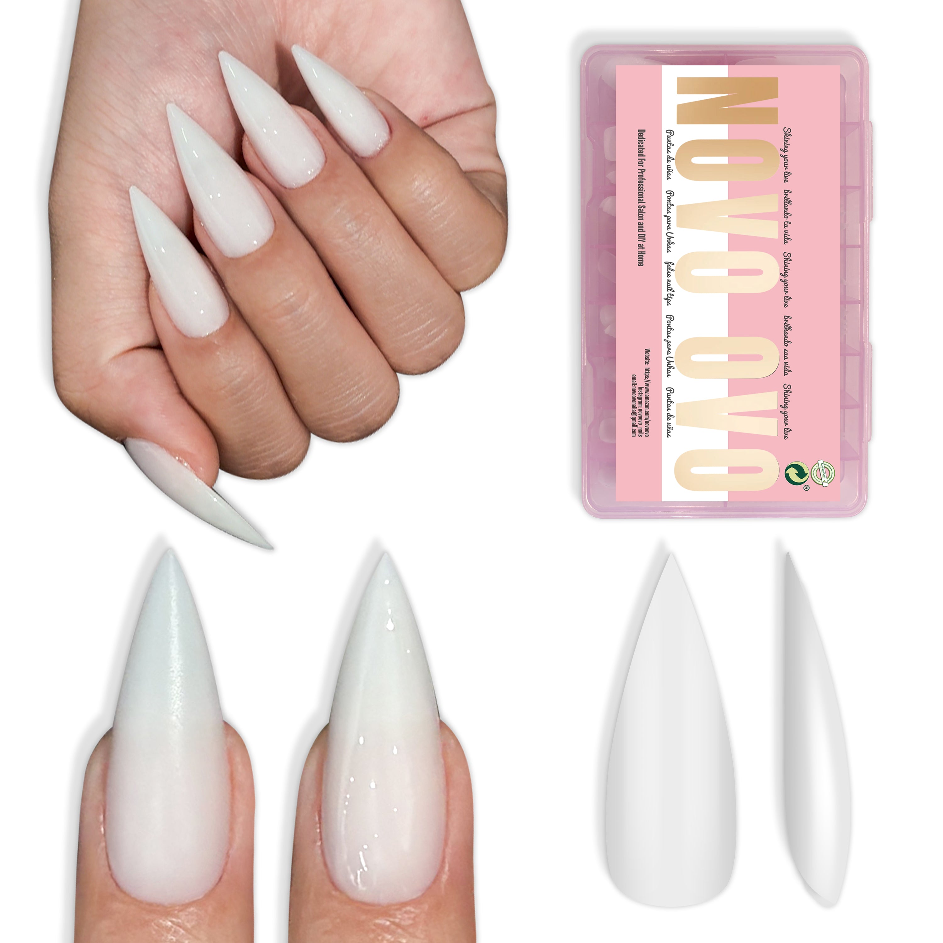 Medium or Long Pure Color Sharp Stiletto Nail Tips Milky White