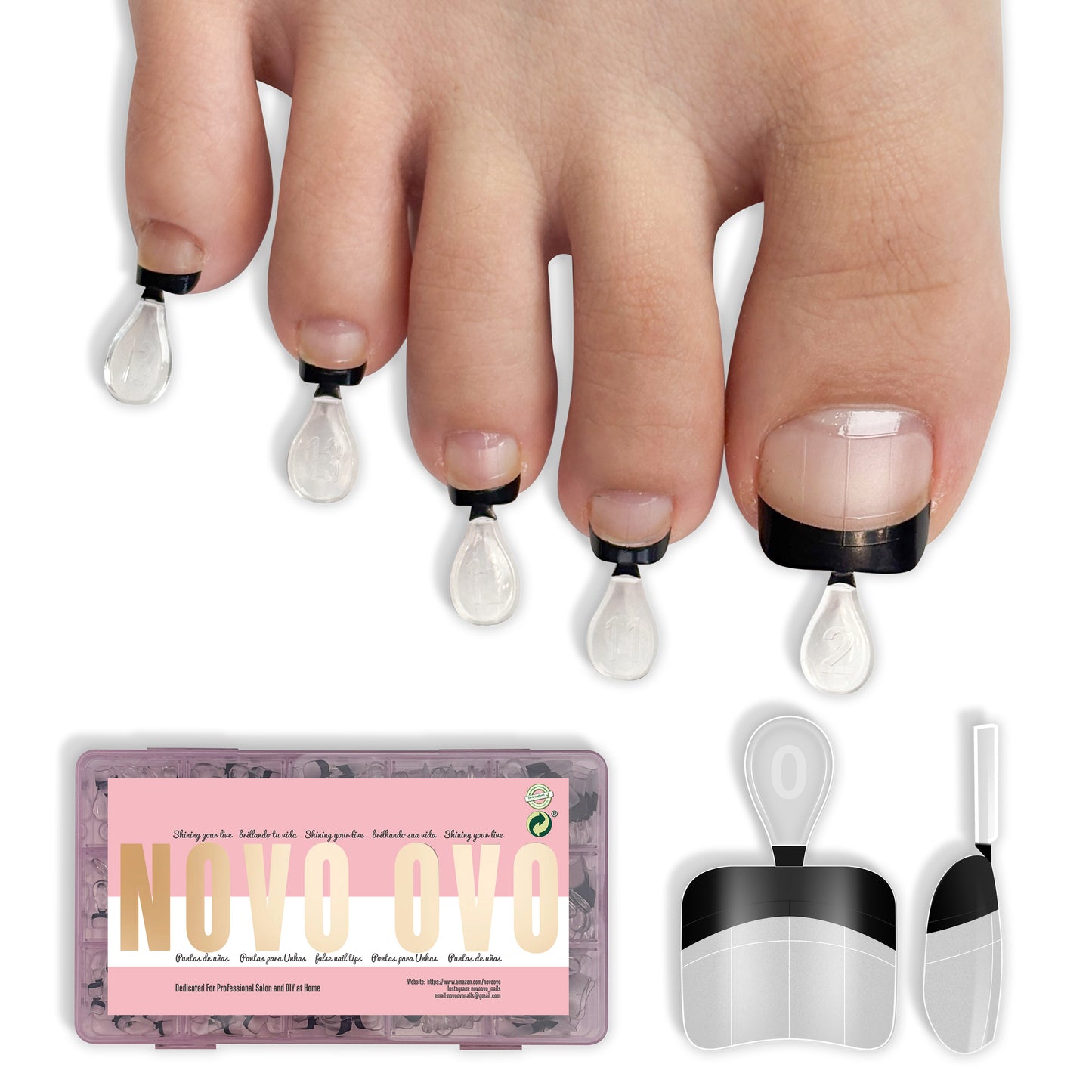 Half Cover Round Clear Toe nail tip with Black French Tip