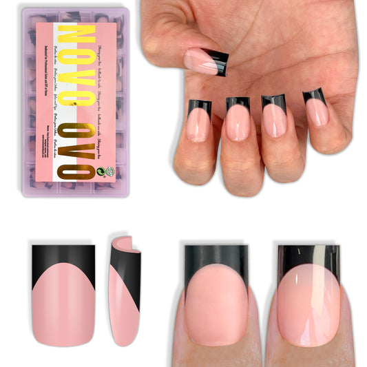 Short Sharp Square Nail Tips Black French Tip BABY PINK