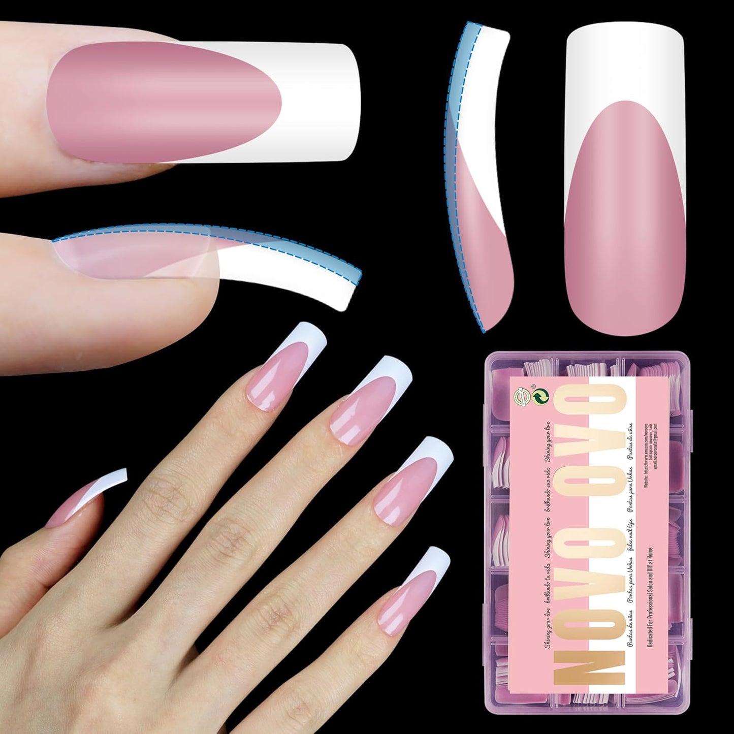 M Curved Square Nail Tip White French Tips Berry Pink