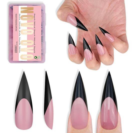 Long XL Sharp Stiletto Black French Tip Nail Tips Berry Pink