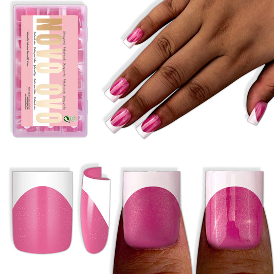 Short Sharp Square Nail Tips White French Tip Rose Pink
