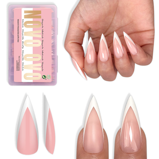 White V Shape French Tip Medium Sharp Stiletto Nail Tips Baby Pink