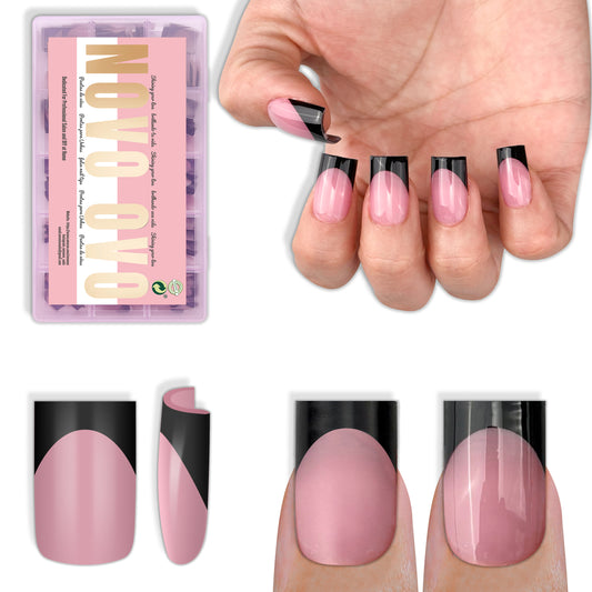 Short Sharp Square Nail Tips Black French Tip BERRY PINK