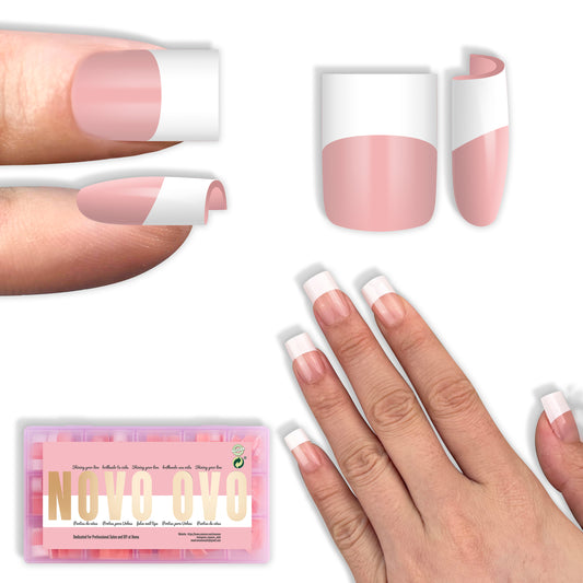 Short Sharp Square Nail Tips Wide White French Tip Baby Pink