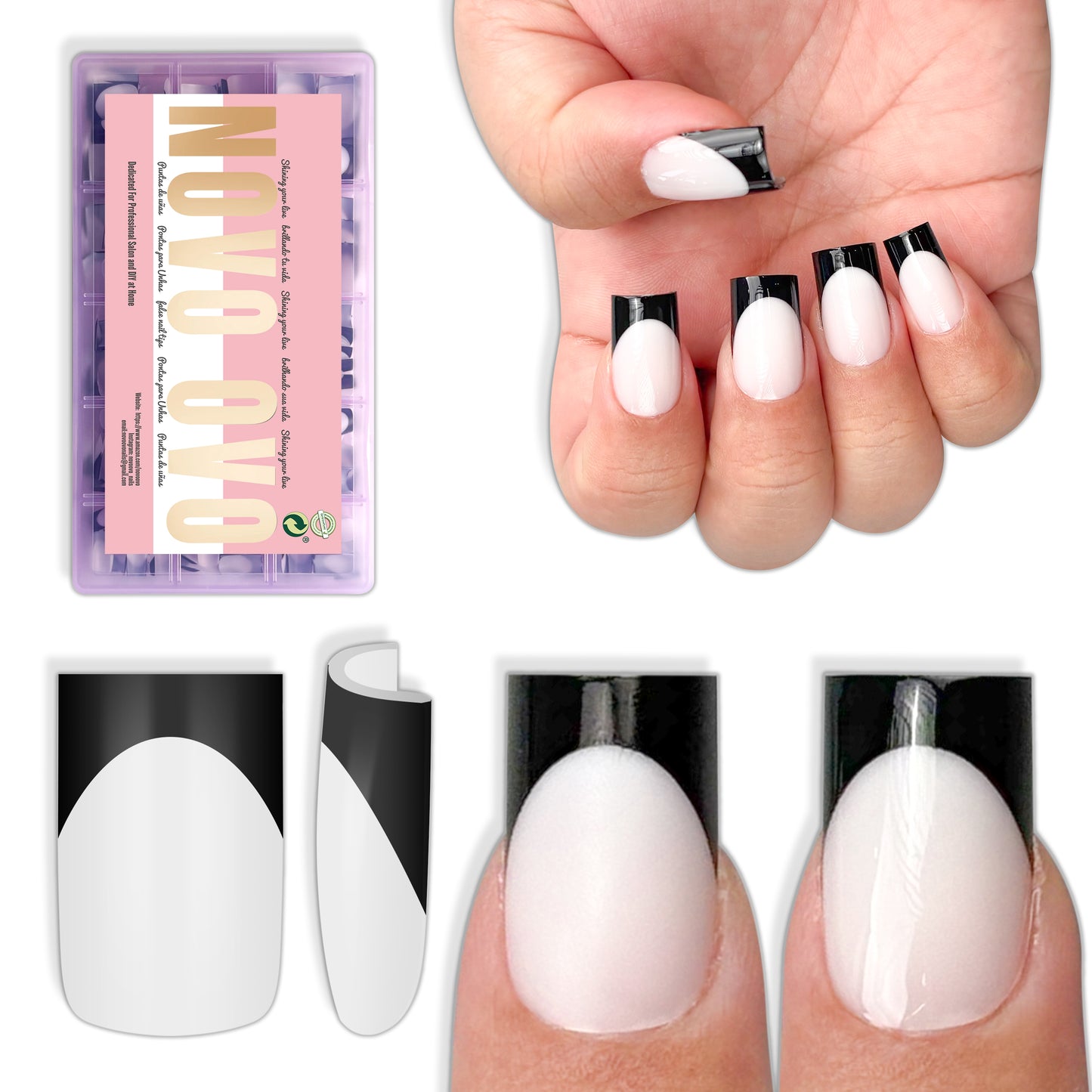 Short Sharp Square Nail Tips Black French Tip MILKY WHITE