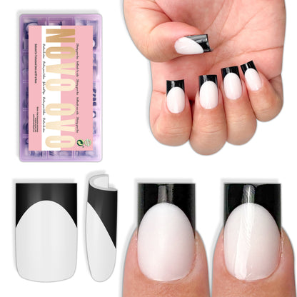 Short Sharp Square Nail Tips Black French Tip MILKY WHITE