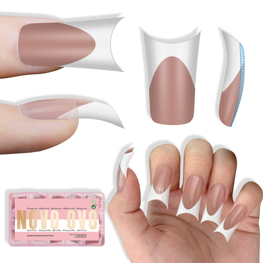 Duck Nails Medium White French Tips BROWN PINK with Moon Curve