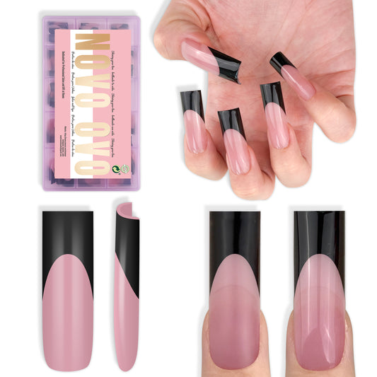 Long Sharp Square Black French Tip Nail Tips Berry Pink 180