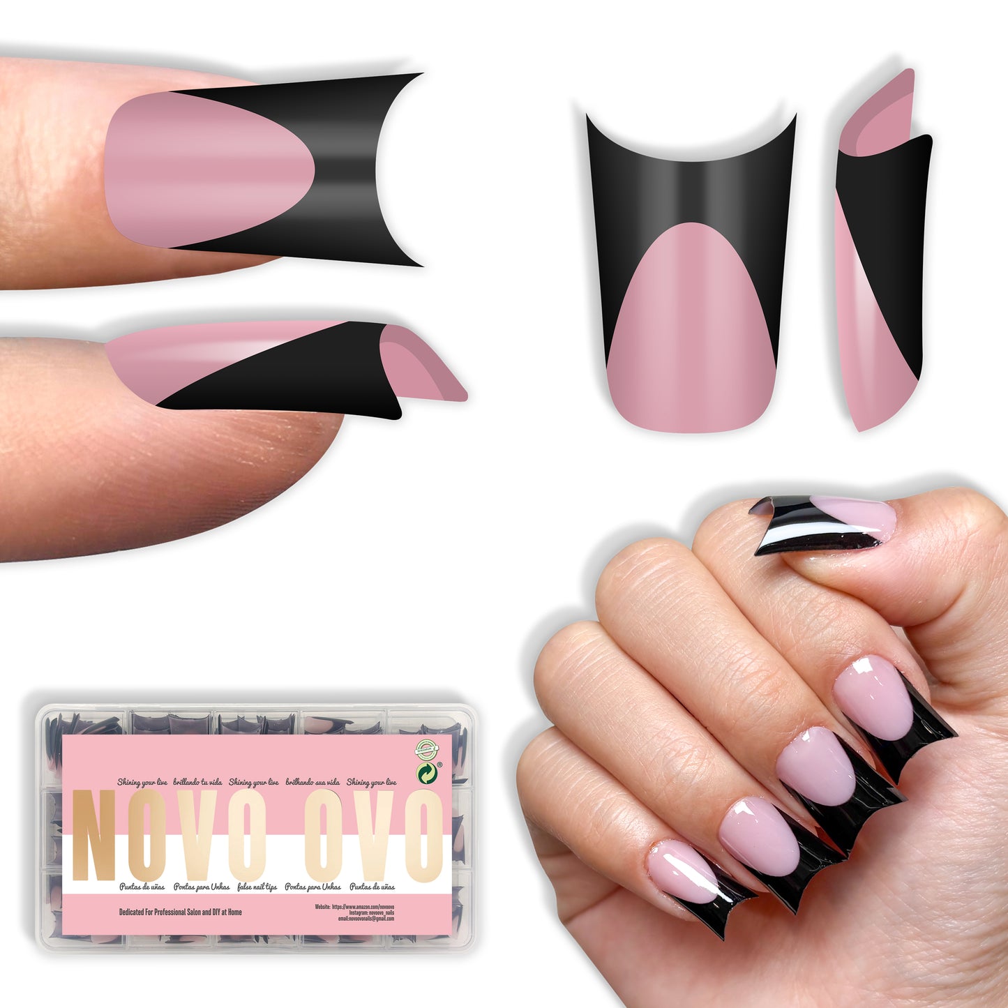 Duck Nails Short with Moon Curve Black French Tips Berry Pink
