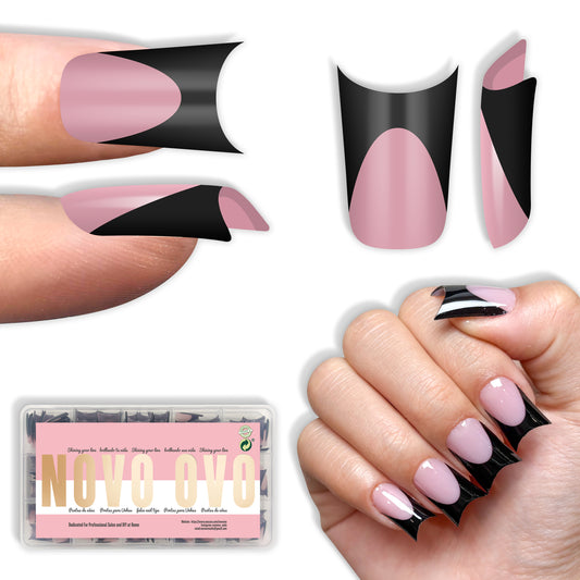 Duck Nails Short with Moon Curve Black French Tips Berry Pink