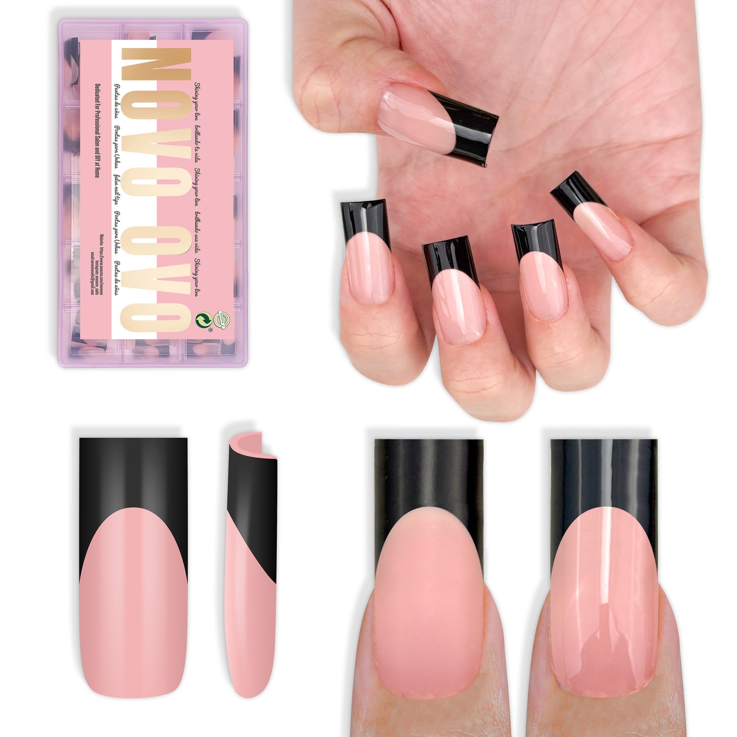 Meidum Sharp Square Black French Tip Nail Tips Baby Pink 180