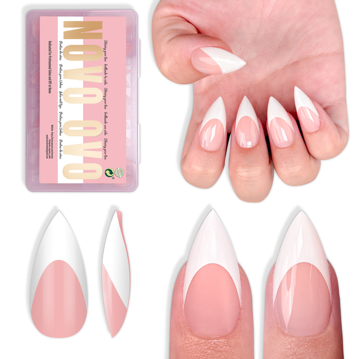 Short Sharp Stiletto White French Tip Nail Tips Baby Pink 160